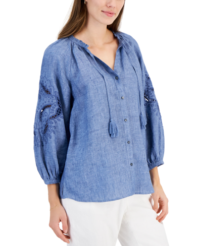 CHARTER CLUB WOMEN'S 100% LINEN DELAVE EYELET TOP, CREATED FOR MACY'S