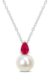 Delmar Lab Created Ruby & Freshwater Pearl Pendant Necklace In Red