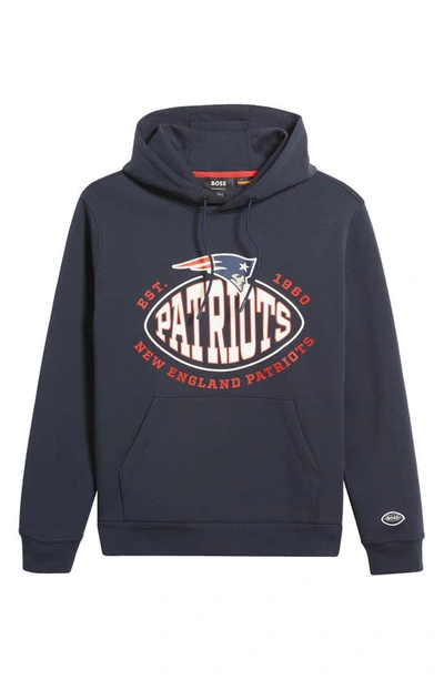 Hugo Boss Nfl New England Patriots Cotton Blend Printed Regular Fit Hoodie In Dark Blue