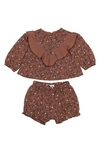 Maniere Manière Floral Ruffle Short Sleeve Top & Bloomers Set In Rose
