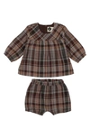 Maniere Manière Kids' Plaid Top & Bubble Shorts Set In Brown