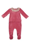 Maniere Babies' Floral Collar Cotton Blend Velour Footie In Fuschia