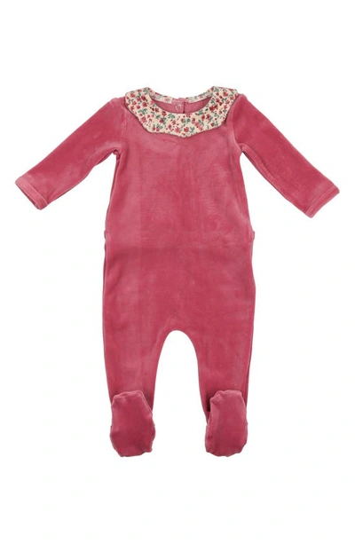 Maniere Floral Collar Cotton Blend Velour Footie In Fuchsia