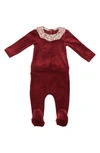 Maniere Manière Floral Print Collar Velour Footie In Ruby