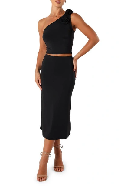 Petal And Pup Petal & Pup Keely Rosette One-shoulder Tank & Midi Skirt Set In Black