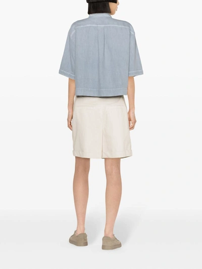 Brunello Cucinelli Short Sleeved Cropped Shirt In Powder Blue