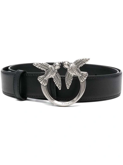 Pinko 'love Birds' Black Belt With Logo Buckle In Soft Silky Leather Woman