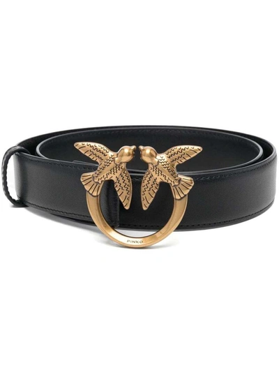 Pinko 'love Birds' Black Belt With Logo Buckle In Soft Silky Leather Woman