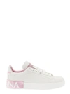 DOLCE & GABBANA 'PORTOFINO' WHITE AND PINK LOW TOP SNEAKERS WITH LOGO IN LEATHER WOMAN