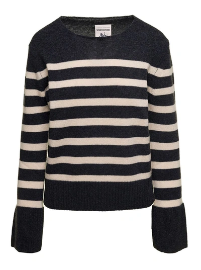 SEMICOUTURE GREY STRIPED SWEATER WITH WIDE CREWNECK AND LONG SLEEVES IN WOOL WOMAN