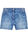 Versace Printed Denim Shorts In Medium Blue