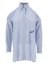 PINKO OVERSIZED LIGHT BLUE STRIPED SHIRT WITH LOGO EMBROIDERY IN COTTON BLEND WOMAN