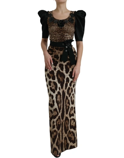 Dolce & Gabbana Black Brown Leopard Embellished Sheath Gown Dress In Black And Brown