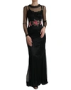 Dolce & Gabbana Black Floral Embroidery Mesh Tulle Gown Dress In Black