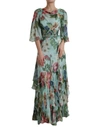 Dolce & Gabbana Blue Floral Print Tiered Long Maxi Dress In Blue