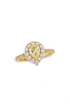 SAVVY CIE JEWELS SAVVY CIE JEWELS 18K GOLD PLATE STERLING SILVER PEAR CUT CANARY CUBIC ZIRCONIA HALO RING