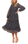 Petal And Pup Womens Edwina Shirred Frill Long Sleeve Midi Dress In Navy Floral