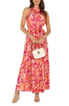 Petal And Pup Caroline Floral Mock Neck Maxi Dress In Red Orange