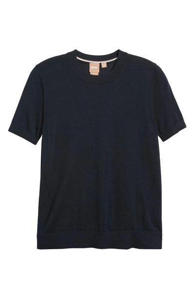 Hugo Boss Short-sleeved Jumper In Merino Wool In Dark Blue