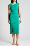 ANNE KLEIN ASYMMETRIC NECK SIDE RUCHED MIDI SHEATH DRESS