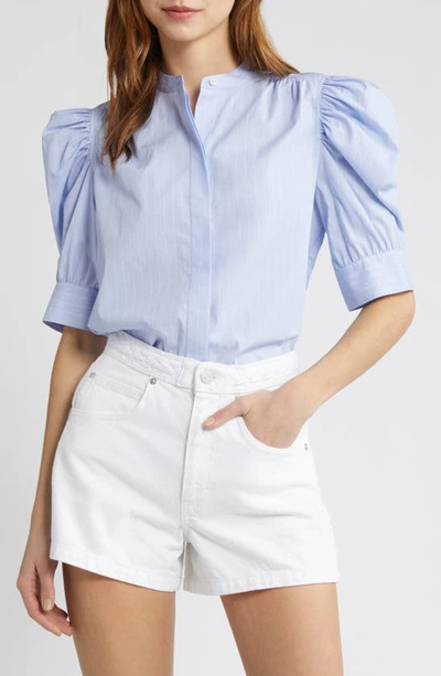 Frame Stripe Puff Sleeve Cotton Button-up Shirt In Chambray Blue