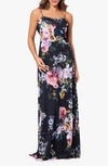 Betsy & Adam Floral Print Cowl Neck Gown In Black/ Multi
