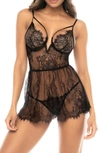 Mapalé Mapale Underwire Eyelash Lace Babydoll & G-string Set In Black