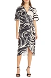 DONNA MORGAN FOR MAGGY REVERSE PRINT WRAP MIDI DRESS