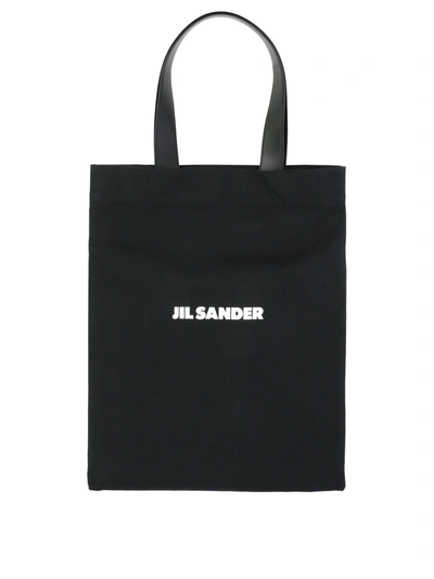 Jil Sander Logo Print Cotton-linen Blend Tote Bag In Black