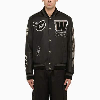 OFF-WHITE OFF-WHITE BLACK LEATHER BOMBER JACKET WITH PATCHES MEN