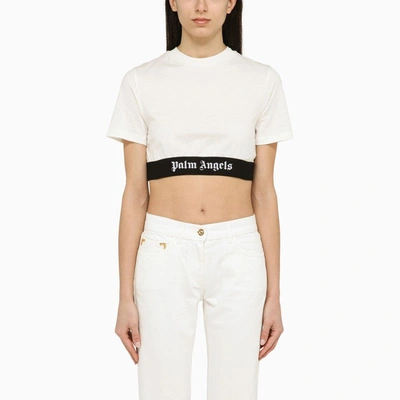 PALM ANGELS PALM ANGELS WHITE CROPPED T-SHIRT WITH COTTON LOGO WOMEN