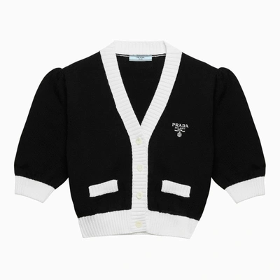 Prada Cropped Cotton Cardigan In Black/white