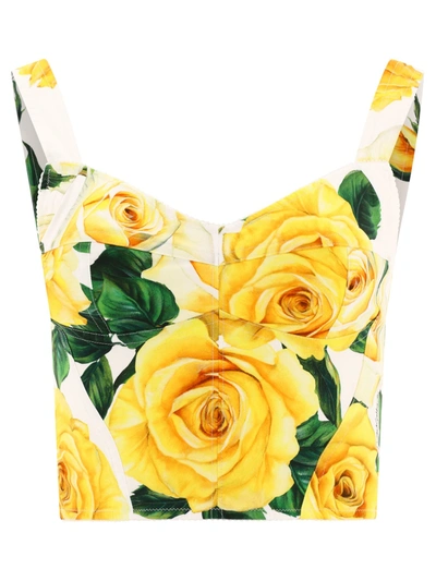 Dolce & Gabbana Rose Print Bustier Top In Cotton In Yellow