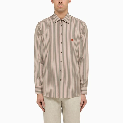 Etro Pink And Green Striped Cotton Poplin Shirt For Men