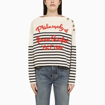 PHILOSOPHY PHILOSOPHY WHITE/BLUE STRIPED SWEATER IN WOOL BLEND WITH LOGO