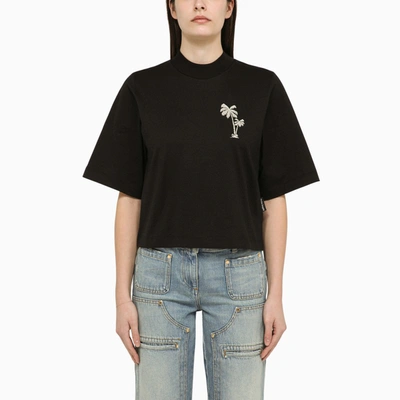 PALM ANGELS PALM ANGELS BLACK COTTON T-SHIRT WITH EMBROIDERY