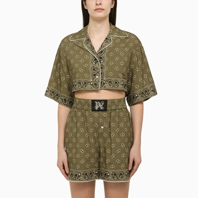 PALM ANGELS CROPPED SHIRT WITH MILITARY GREEN PRINT