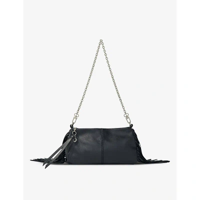 Maje Fringed Leather Clutch Bag In Noir / Gris