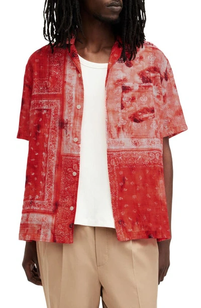Allsaints Tijuana Bandana Print Short Sleeve Cotton Button-up Shirt In Apple Red