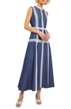 Misook Eyelet Trim Sleeveless Cotton Dress In Mazarine/ White