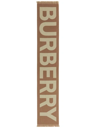 Burberry Logo Wool Scarf In Birch Brown
