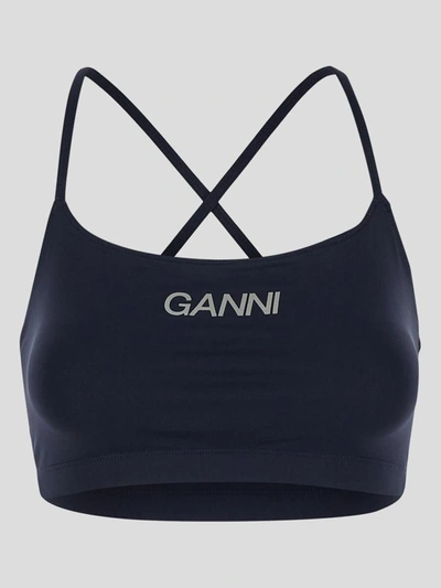 Ganni Logo印花短款上衣 In Blue