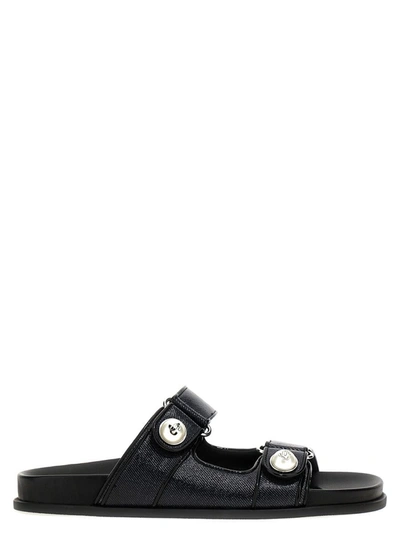 Jimmy Choo Fayence Leather-trimmed Faux Pearl-embellished Mesh Slides In Black