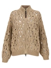 Brunello Cucinelli Lace Stitch Knitted Zip-up Cardigan In Beige
