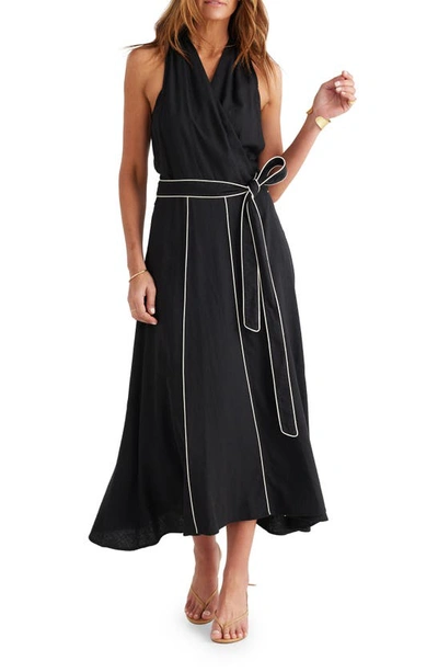 Brave + True Ari Tie Waist Sleeveless Linen Blend Maxi Dress In Black/ White