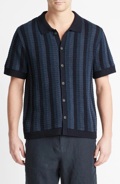 Vince Crochet Stripe Short Sleeve Button-up Cotton Sweater In Coastal Combo