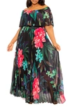 BUXOM COUTURE FLORAL PLEATED OFF THE SHOULDER MAXI DRESS