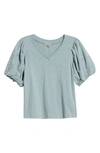 Wit & Wisdom Embroidered Puff Sleeve V-neck Top In Dusty Slate
