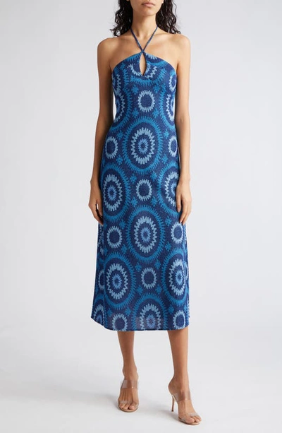 Ramy Brook Aya Medallion Knit Midi Slip Dress In Navy Crystal Blue Medallion