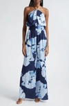 Ramy Brook Mindy Watercolor Bloom Strapless Wide-leg Jumpsuit In Spring Navy Watercolor